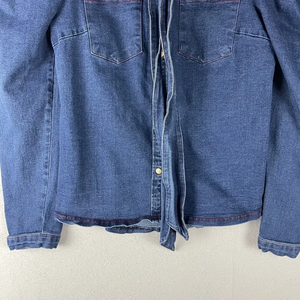 Aaron & Amber Denim Top Womens Large Blue Puff Sleeve Tie Neck Snap Button Heavy - Picture 3 of 16